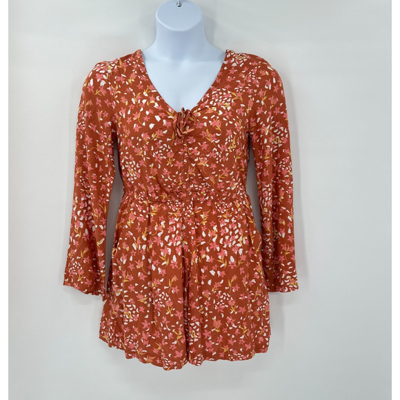 ROXY Floral Romper size Small Rust Pink Floral Festival‎ Beach Fairycore Flowy - Picture 1 of 10